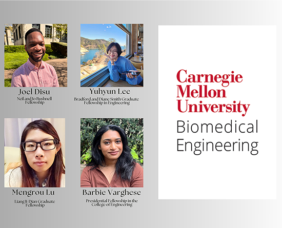 Four people are shown in images on the left: clockwise from the top left, there is a man in a pink shirt, a woman in a blue shirt, a woman in a brown shirt, and a woman in a white sweater. On the right is a logo for C.M.U. biomedical engineering.