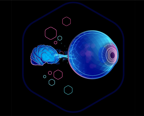 An abstract illustration of a brain connected to an eyeball.