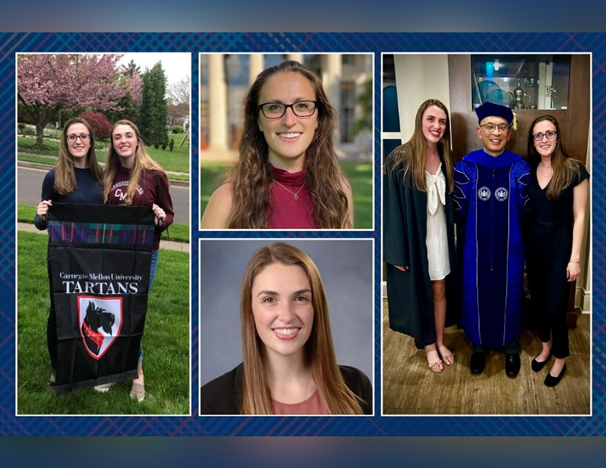 A collage of images. On the left, two young women on a lawn hold a banner with a CMU logo on it. In the upper middle, a woman in a maroon shirt stands for a portrait. In the lower middle, a woman wearing a black shirt stands for a portrait. On the right, a woman in a white shirt and green robe stands to the left of a man with blue doctoral robes on. A woman wearing black stands to the right.