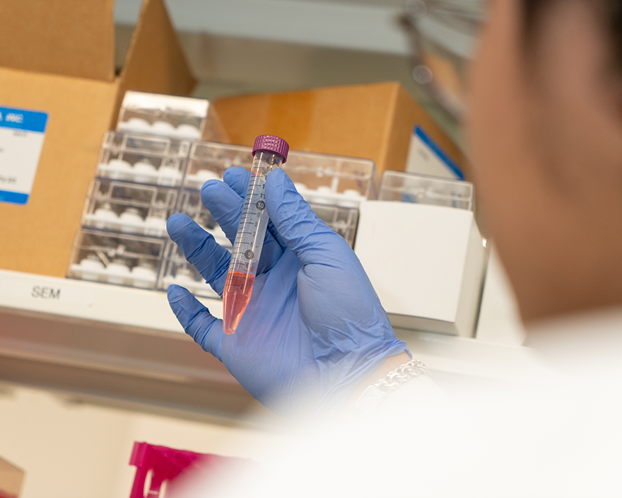 student holding test tube with pink liquid inside